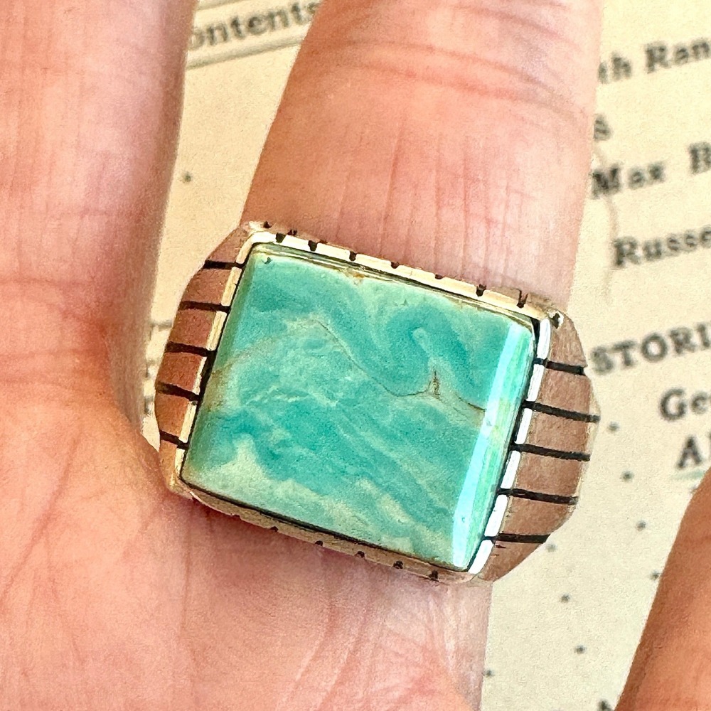 Navajo Turquoise Mens Ring Sz 13 Rectangle Signed Jack Sterling 14mm